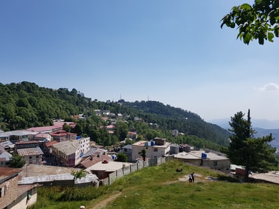 Buildings, trees and mountains during the day
